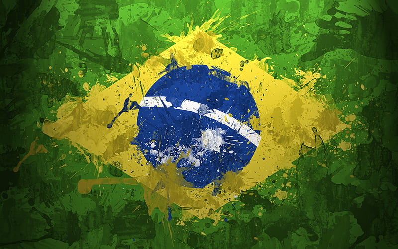 Flag of Brazil, grunge style, art, splashes of paint, Brazilian flag, creative art, Brazil, HD wallpaper