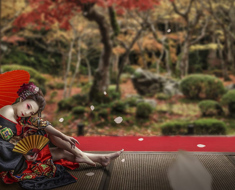 Geisha, red, green, girl, umbrella, asian, kimono, woman, HD wallpaper ...