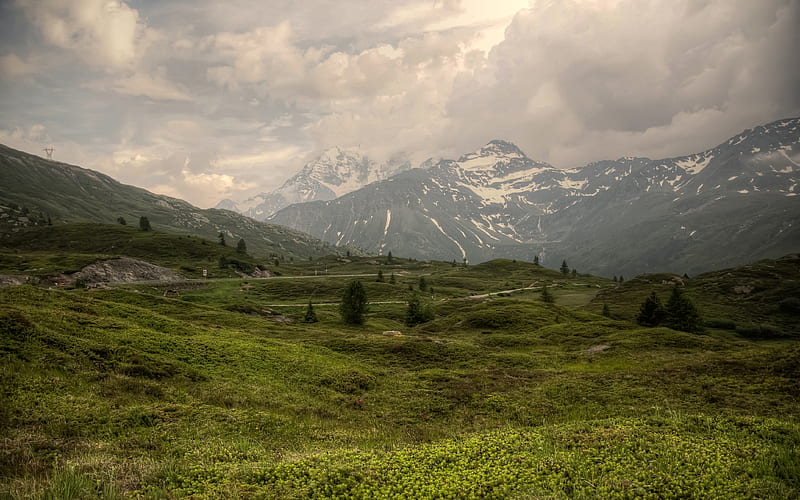 Simplon Pass, mountains, road, overcast, sky, pass, alpine, valley, HD wallpaper