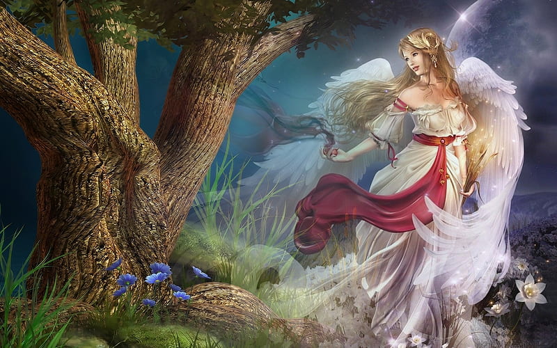 Beautiful angel in the woods, flowers, tree, nature, angel, HD wallpaper