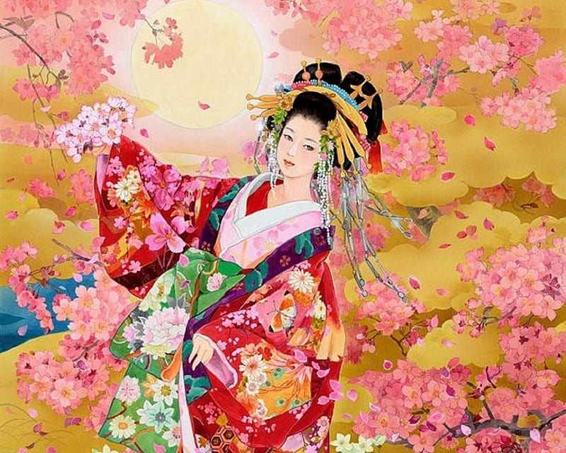 Syungetsu, attractions in dreams, bonito, woman, geisha, cherry blossoms, paintings, japan, flowers, moons, lovely, japanese, colors, love four seasons, spring, kimono, asian, weird things people wear, petals, lady, HD wallpaper