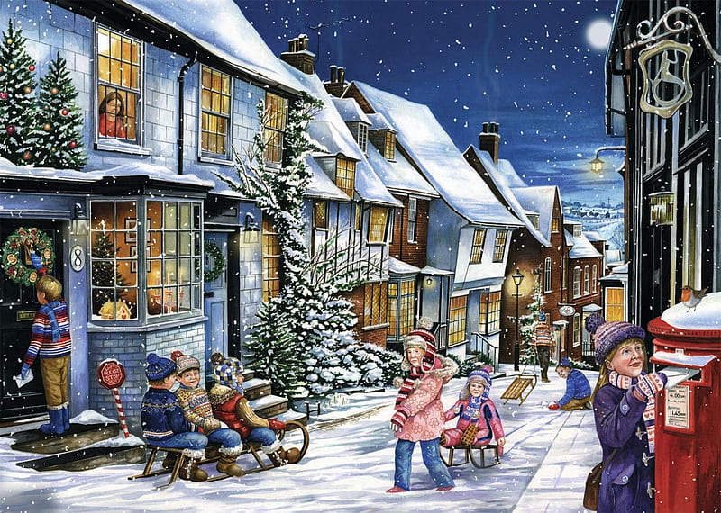 Playing in the snow, christmas, houses, sleigh, painting, village, children, HD wallpaper