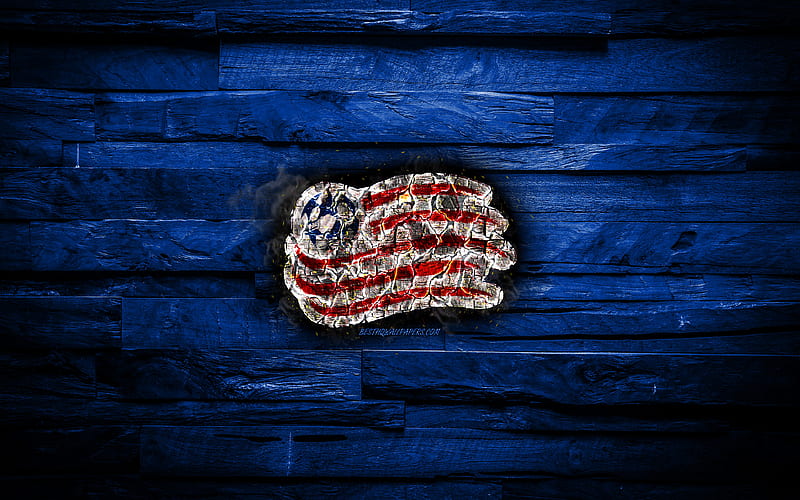 New England Revolution FC scorched logo, MLS, blue wooden background, american football club, Eastern Conference, grunge, soccer, New England Revolution logo, fire texture, USA, HD wallpaper