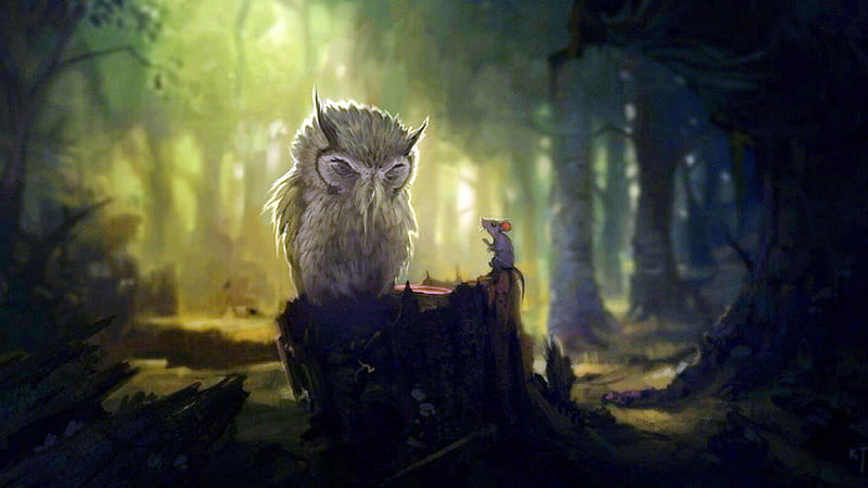 The owl and the mouse, forest, owl, green, mouse, trees, light, mist, HD wallpaper