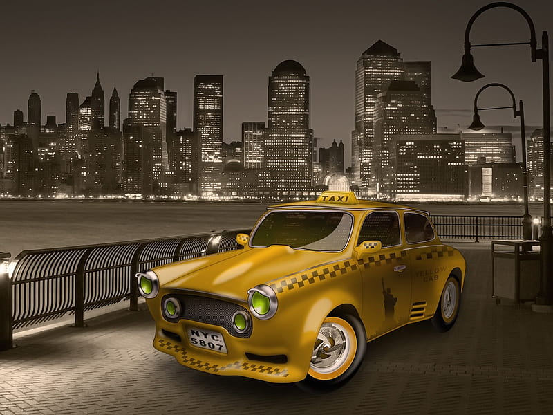 cabbie, new york city, buildings, taxi, yellow cab, lights, HD wallpaper