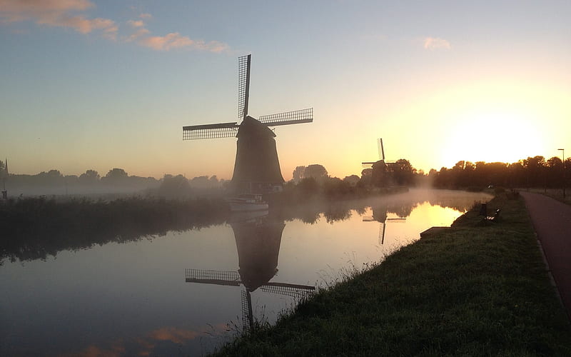 Evening in Alkmaar, Holland, evening, windmills, Holland, landscape, HD wallpaper