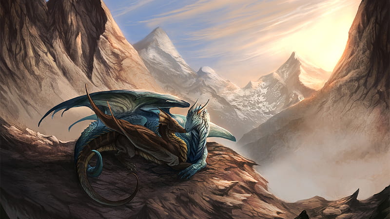 Fantasy Blue And Brown Dragons Are Sitting On Mountain Dreamy, HD ...