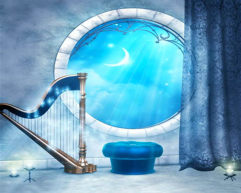 Harp, curtain, blue, night, HD wallpaper