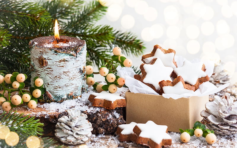 Christmas, New Year, burning candle, cones, cookies, Christmas decorations, HD wallpaper