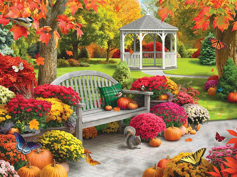 Autumn Oasis, fall, squirrel, bench, colors, butterflies, trees, artwork, leaves, chickadee, painting, flowers, season, gazebo, pumpkins, HD wallpaper