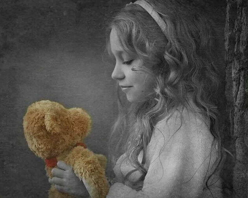 Do not ever let me down ..., graphy, moments, girl, bonito, soft, teddy bear, two colors, HD wallpaper