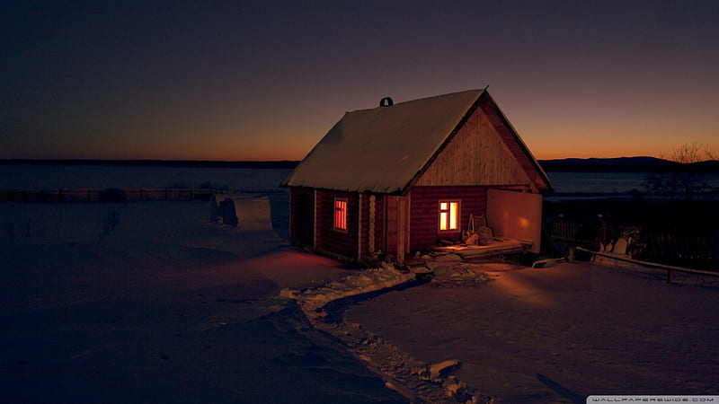 small cottage in the wilderness, wilderness, cottage, night, lights, HD wallpaper