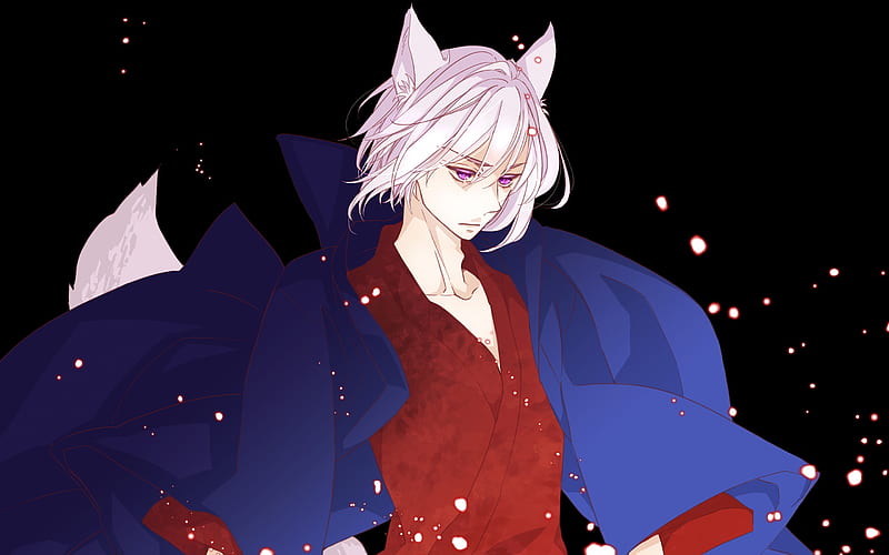 anime wolf boy, white hair, animal ears, coat, japanese clothes, Anime, HD wallpaper