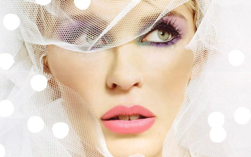 Kylie Minogue, artist, glitter, veil, woman, singer, make-up, girl, beauty, face, white, pink, HD wallpaper