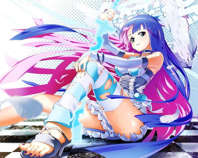Stocking, female, wings, panty and stocking, wing, sexy, cute, girl, anime, hot, anime girl, long hair, sword, HD wallpaper