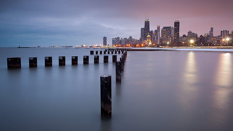 chicago lakefront, city, dusk, pylons, lake, lights, HD wallpaper