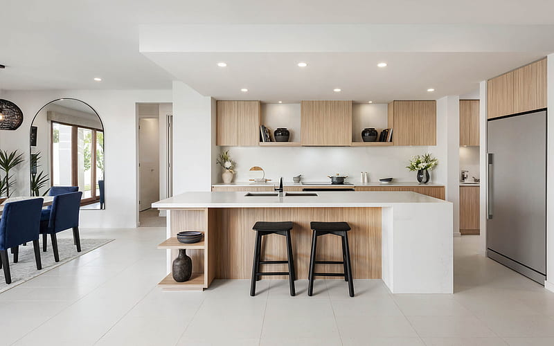 modern interior design, kitchen, white kitchen, white walls in the kitchen, dining room kitchen project, HD wallpaper