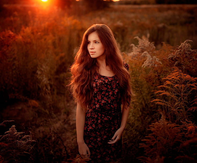 Girl at sunset, girl, nature, sunset, brown-eyed, outdoor, HD wallpaper