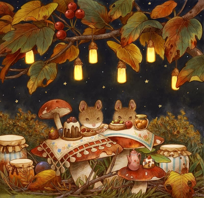 :), lantern, mogo shin, table, food, night, mouse, stars, soricei, illustration, fantasy, fairytale, autumn, mushroom, art, HD wallpaper