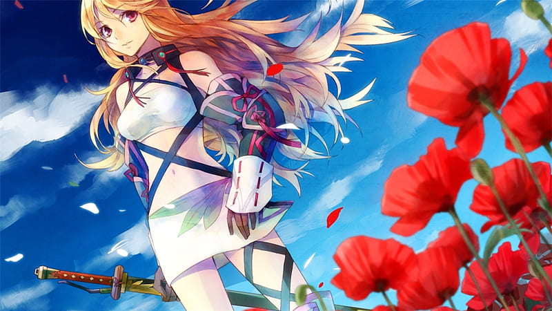 Milla Maxwell, female, babe, sky, anime, flowers, sword, tales of xillia, blue, HD wallpaper