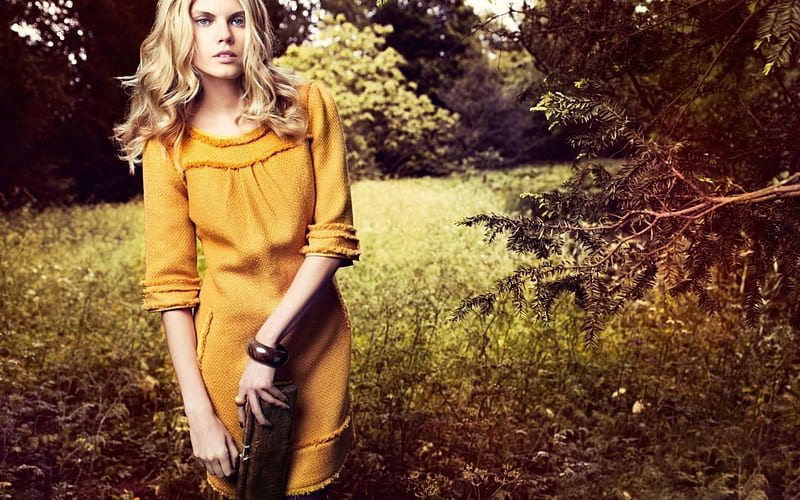 Maryna Linchuk, dress, celebrity, models, grass, bonito, trees, woman, people, yellow dress, nature, forests, HD wallpaper