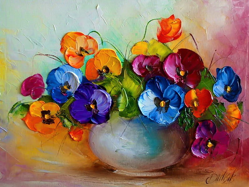 Still life, pretty, colorful, art, violets, vase, bonito, painting, pansies, harmony, HD wallpaper
