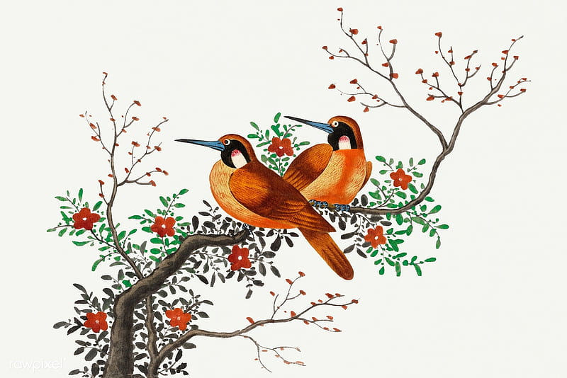 Birds, couple, chinese art, bird, painting, pasari, branch, pictura, HD wallpaper