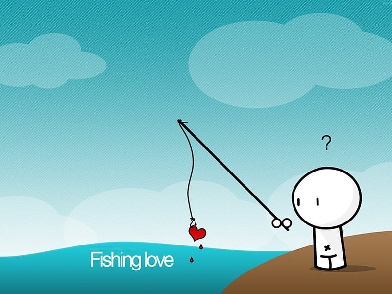 Fishing For Love, fishing pole, figure, ocean, heart, words, clouds, HD wallpaper