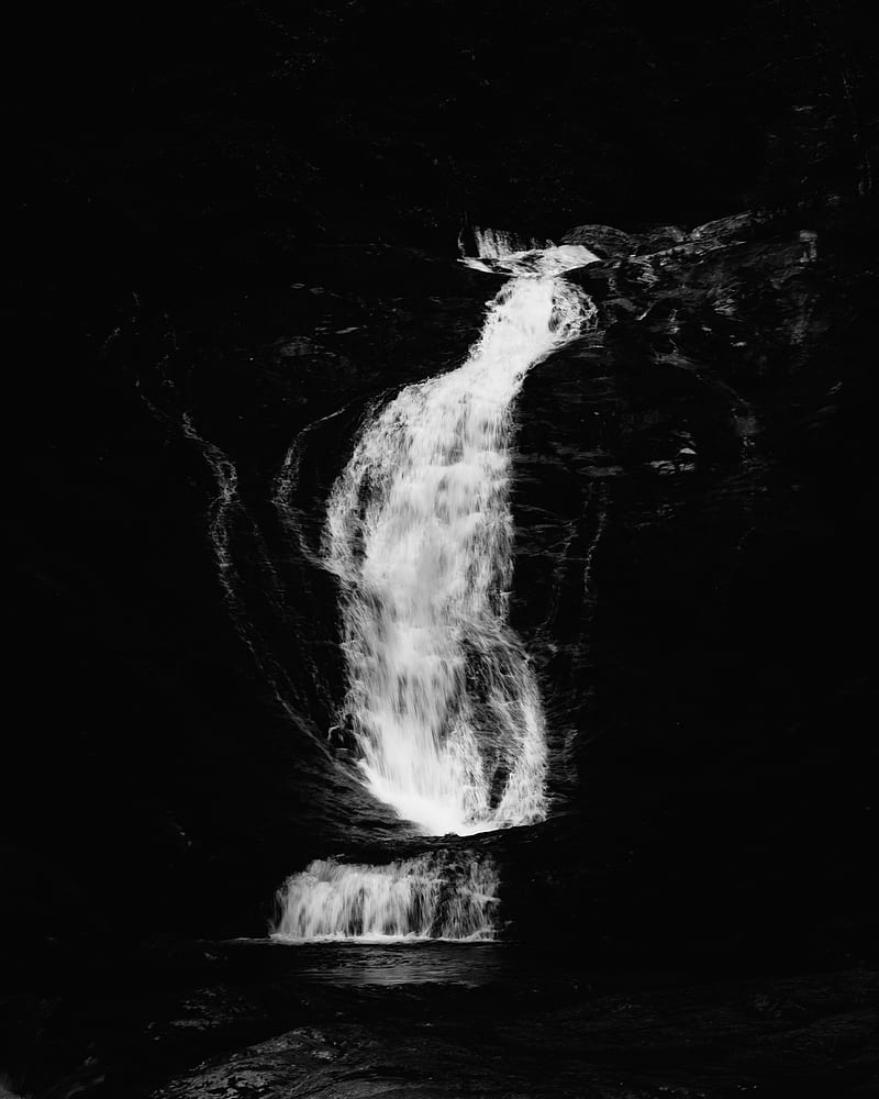waterfall, river, bw, dark, HD phone wallpaper