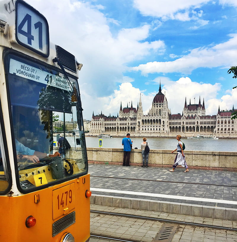 river, city, Budapest, Hungary, tram, Hungarian Parliament Building, HD phone wallpaper