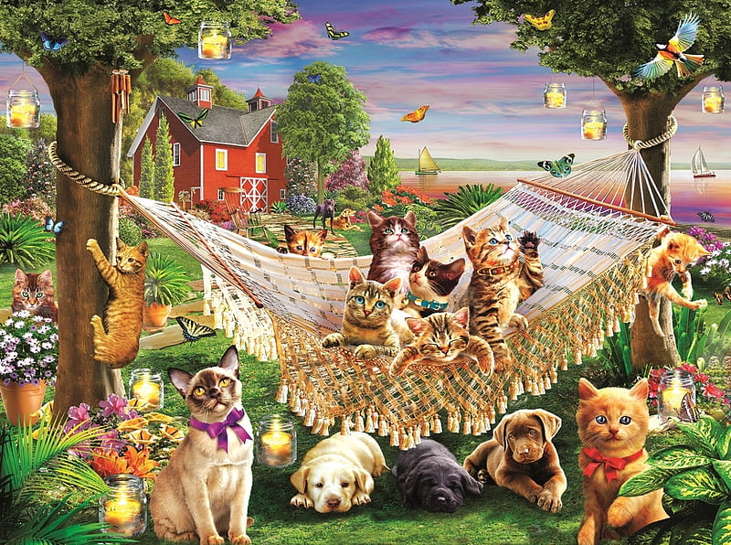 Summer party, hammock, vara, kitten, dog, art, adrian chesterman, garden, cute, cat, summer, party, caine, HD wallpaper