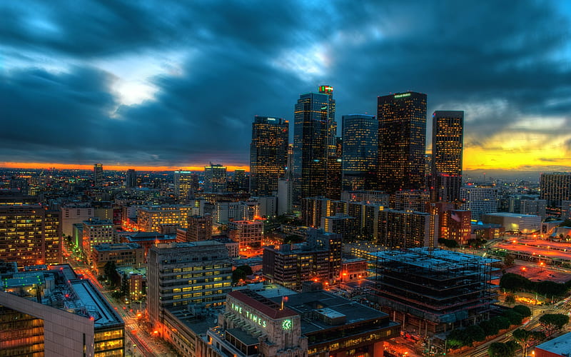 Evening city lights, skyscrapers, Los-Angeles, California, USA, HD wallpaper