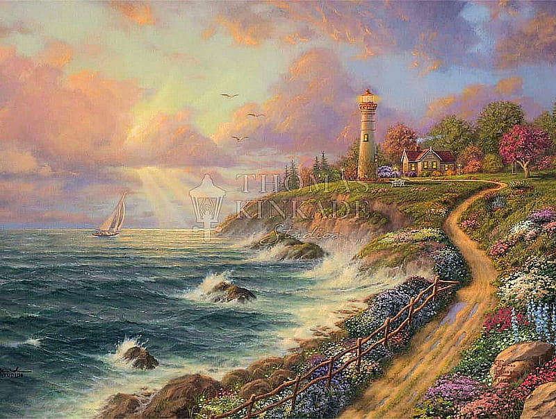 Returning Home - Thomas Kinkade Studios, cliff, clouds, sky, artwork, lighthouse, sea, cottage, flowers, path, painting, HD wallpaper