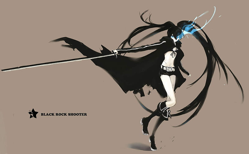 Black Rock Shooter, flaming eye, black jacket, sword, twin tails, blue, HD wallpaper
