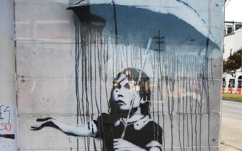 Banksy Nola, art, banksy, raining, nola, graffiti, HD wallpaper