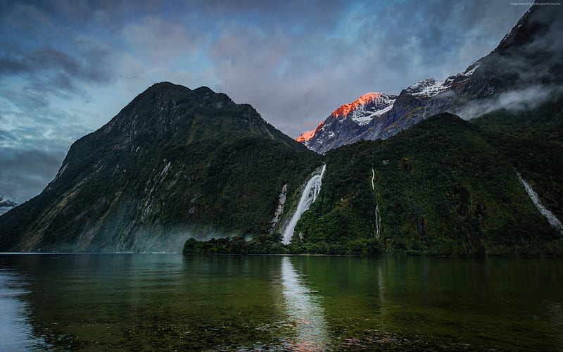 Waterfalls mountains lake foliage-Nature, HD wallpaper
