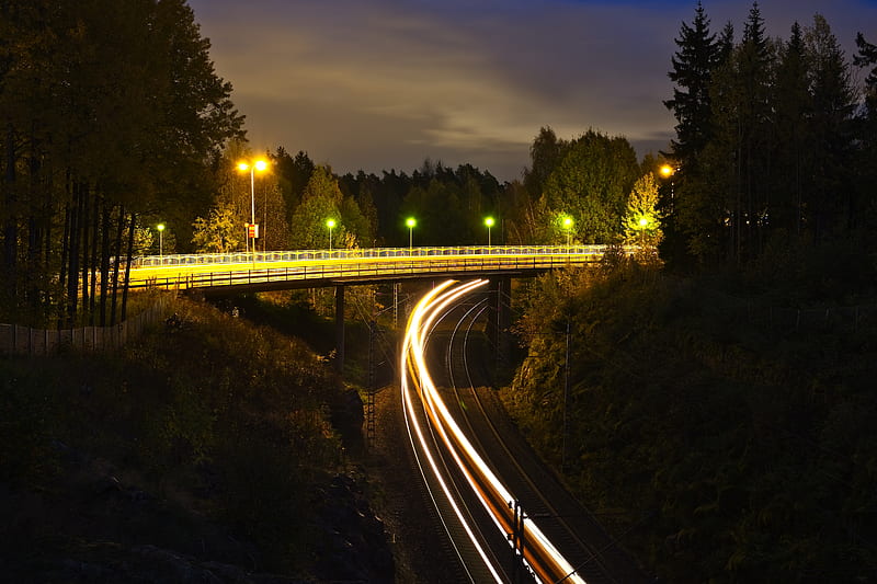 railroad, bridge, neon, glow, long exposure, HD wallpaper