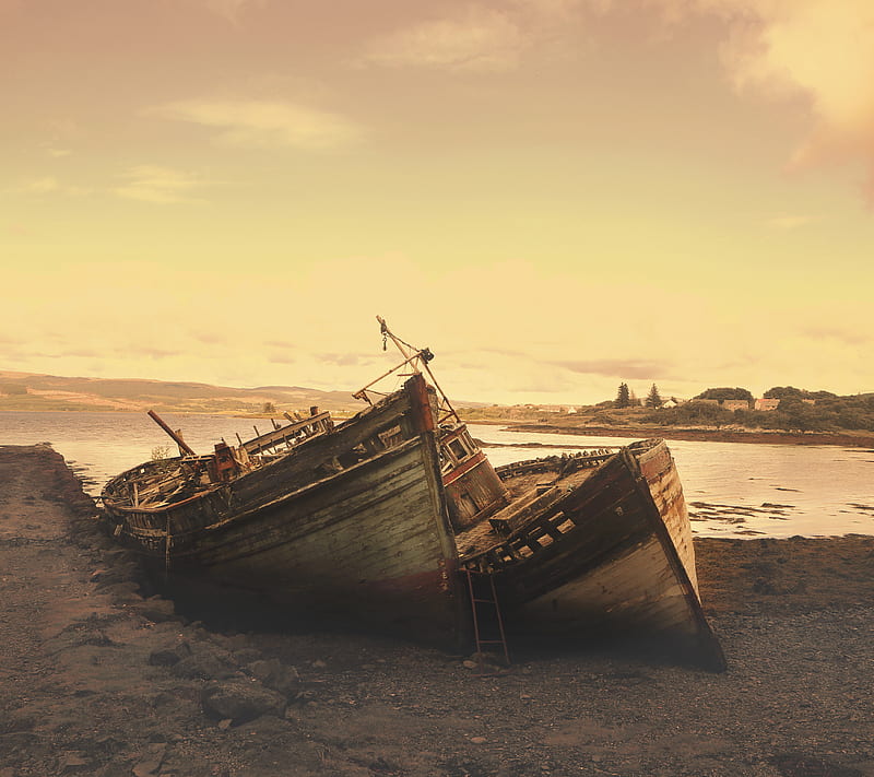 Boats Sunset, beach, coast, dusk, sand, shore, sky, yellow, HD wallpaper
