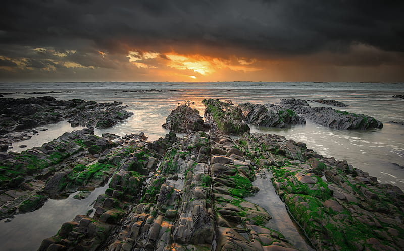Sandymouth Beach Low Tide Ultra, Europe, United Kingdom, Nature, bonito, Sunset, Scenery, Scene, Cloudy, Sink, graphy, Rocks, Weather, Coast, Cornwall, Algae, windy, lowtide, nationaltrust, rockformations, subduction, Bude, sandymouth, challenging, coastseascape, HD wallpaper