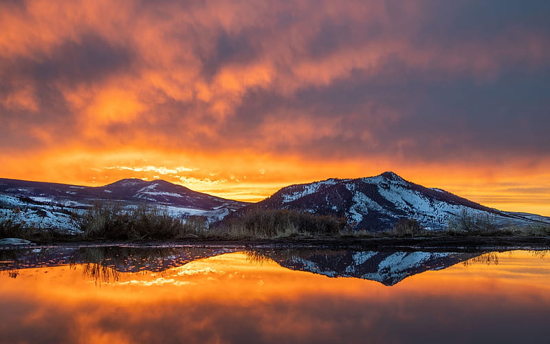 Sunset Reflection Near Steamboat, Colorado, water, reflections, mountains, lake, sky, HD wallpaper