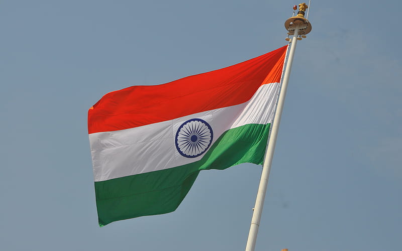 India flag on flagpole, national symbol, India, blue sky, flagpole, flag of India on flagpole, HD wallpaper