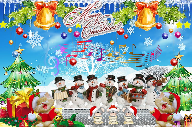 Chorus Line, decorations, tree, snowmen, christmas, mice, collage, cats, HD  wallpaper | Peakpx