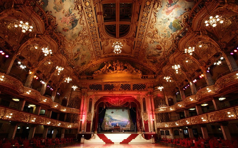 Magnificent Ballroom, red, chandelairs, seats, stage, ballroom, luxurious, HD wallpaper