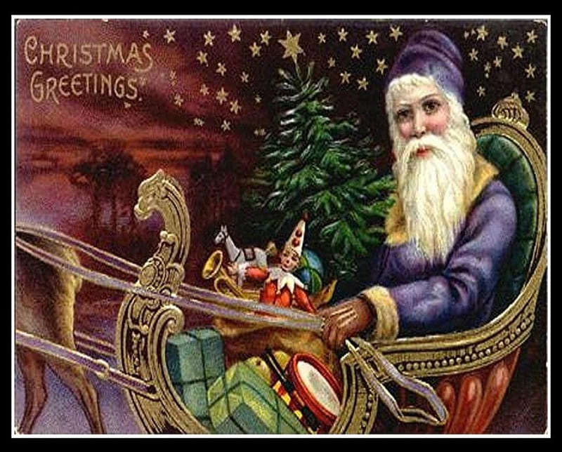 Victorian Santa, sleigh, santa, christmas, reindeer, toys, HD wallpaper