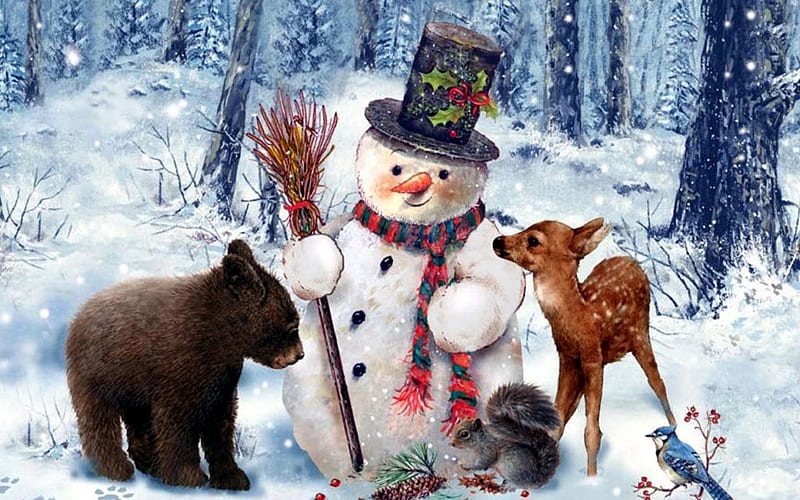 Best Friends, snow, bear, Snowman, trees, artwork, animals, winter, deer, HD wallpaper