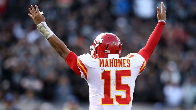 patrick mahomes is wearing white sports dress showing hands in the air with blur background sports-, HD wallpaper
