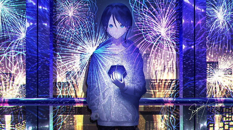 anime boy, fireworks, hoodie, blue eyes, Anime, HD wallpaper