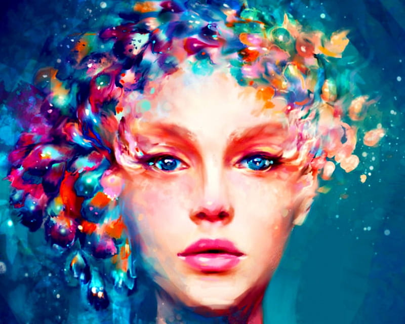Lost paradise, red, colorful, art, paradise lost, luminos, orange, abstract, woman, fantasy, girl, painting, flower, kanamm, face, pictura, blue, HD wallpaper