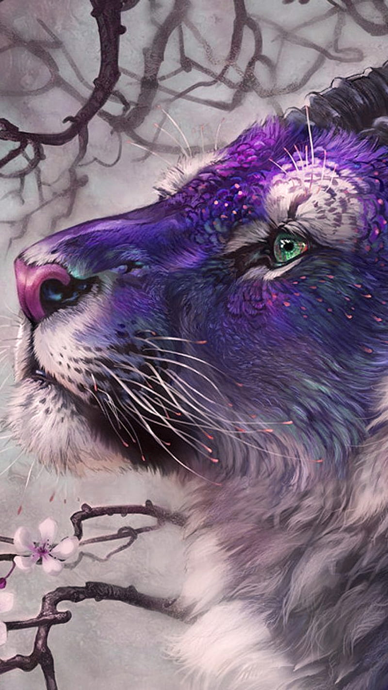 Creature, fantasy, purple, tiger, HD phone wallpaper