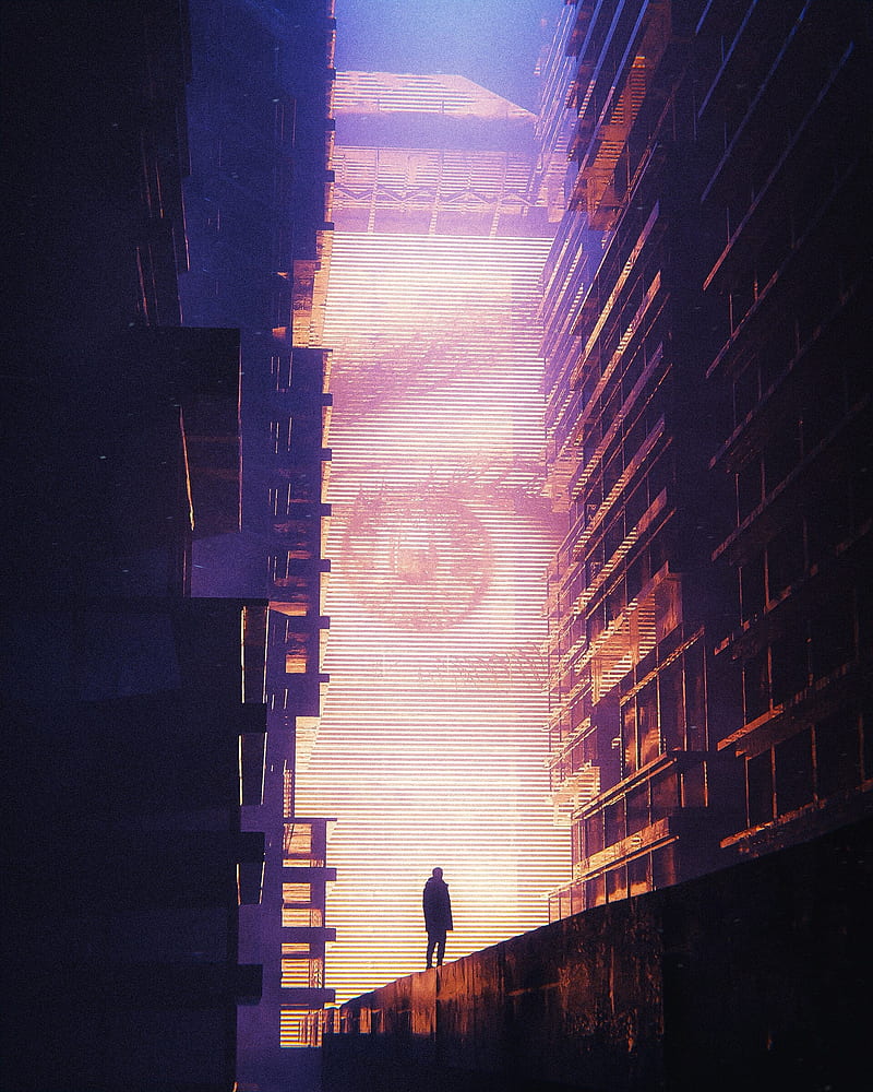 silhouette, alone, screen, eye, buildings, light, cyberpunk, HD phone wallpaper